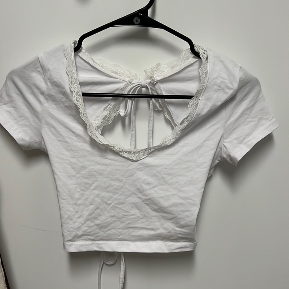 cute v neck lace open back tee